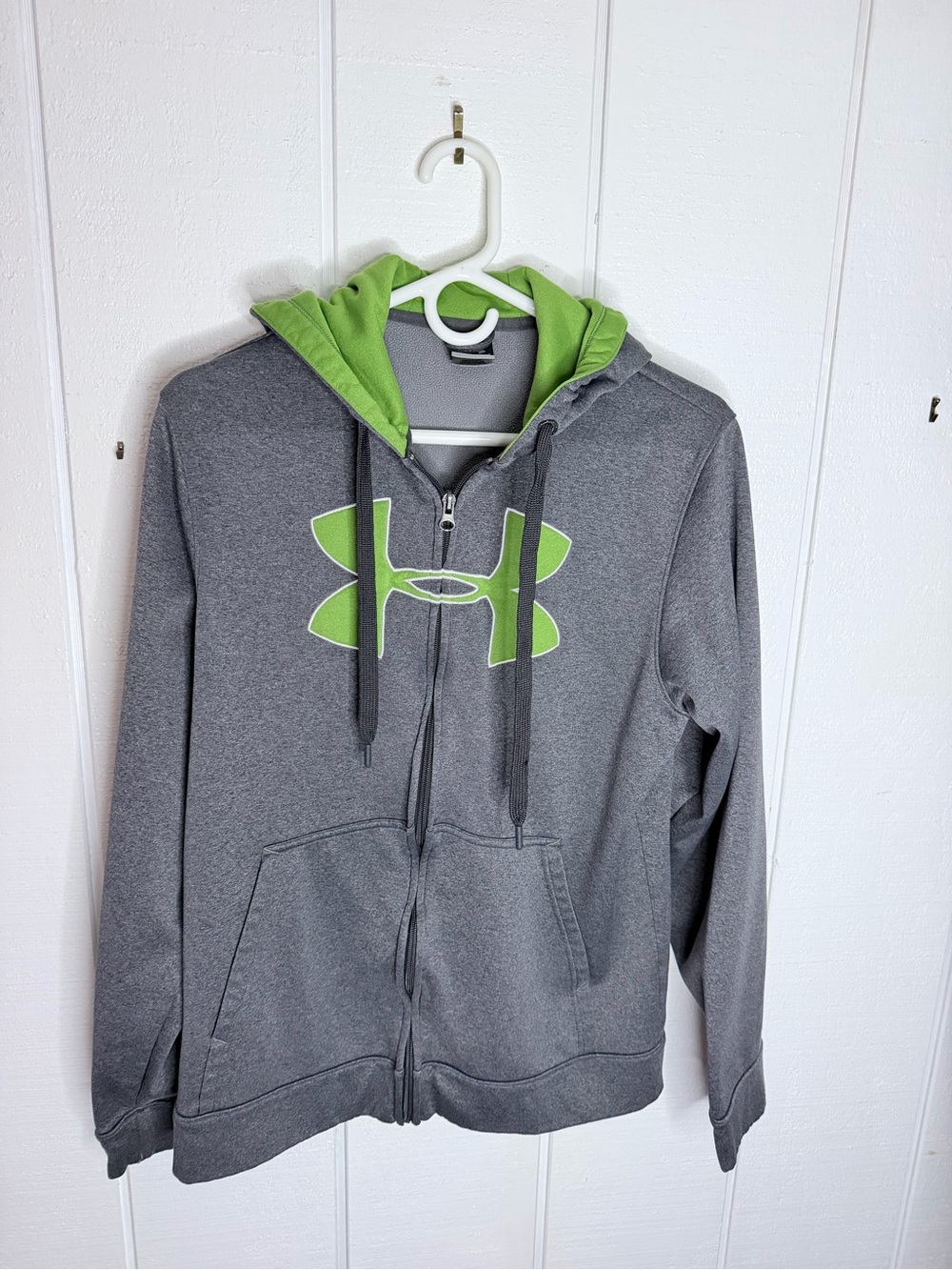 Under Armour Gray Zip Hoodie with Lime Green Logo & Hood